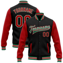 Laden Sie das Bild in den Galerie-Viewer, Uksn Individuelles Bomberjacke in Schwarz-Rot-Kelly-Grün mit Druckknopfleiste, Zweifarben-Design und Varsity-Letterman-Stil
