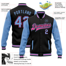 Laden Sie das Bild in den Galerie-Viewer, Uksn Individuelles Bomberjacke in Schwarz-Hellblau-Pink mit Druckknopfleiste, Zweifarben-Design und Varsity-Letterman-Stil