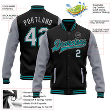 Laden Sie das Bild in den Galerie-Viewer, Uksn Individuelles Bomberjacke in Schwarz-Grau-Petrol mit Druckknopfleiste, Zweifarben-Design und Varsity-Letterman-Stil