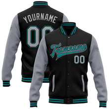Laden Sie das Bild in den Galerie-Viewer, Uksn Individuelles Bomberjacke in Schwarz-Grau-Petrol mit Druckknopfleiste, Zweifarben-Design und Varsity-Letterman-Stil