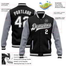 Laden Sie das Bild in den Galerie-Viewer, Uksn Individuelles Bomberjacke in Schwarz-Weiß-Grau mit Druckknopfleiste, Zweifarben-Design und Varsity-Letterman-Stil