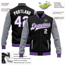 Laden Sie das Bild in den Galerie-Viewer, Uksn Individuelles Bomberjacke in Schwarz-Weiß-Violett-Grau mit Druckknopfleiste, Zweifarben-Design und Varsity-Letterman-Stil