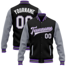 Laden Sie das Bild in den Galerie-Viewer, Uksn Individuelles Bomberjacke in Schwarz-Weiß-Violett-Grau mit Druckknopfleiste, Zweifarben-Design und Varsity-Letterman-Stil