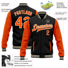 Laden Sie das Bild in den Galerie-Viewer, Uksn Individuelles Bomberjacke in Schwarz-Orange-Creme mit Druckknopfleiste, Zweifarben-Design und Varsity-Letterman-Stil