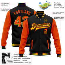Laden Sie das Bild in den Galerie-Viewer, Uksn Individuelles Bomberjacke in Schwarz-Orange-Gold mit Druckknopfleiste, Zweifarben-Design und Varsity-Letterman-Stil