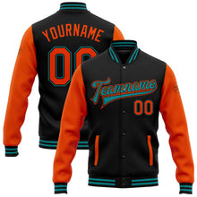 Laden Sie das Bild in den Galerie-Viewer, Uksn Individuelles Bomberjacke in Schwarz-Orange-Petrol mit Druckknopfleiste, Zweifarben-Design und Varsity-Letterman-Stil