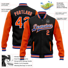 Laden Sie das Bild in den Galerie-Viewer, Uksn Individuelles Bomberjacke in Schwarz-Orange-Royalblau mit Druckknopfleiste, Zweifarben-Design und Varsity-Letterman-Stil