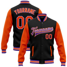 Laden Sie das Bild in den Galerie-Viewer, Uksn Individuelles Bomberjacke in Schwarz-Orange-Violett mit Druckknopfleiste, Zweifarben-Design und Varsity-Letterman-Stil