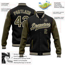 Laden Sie das Bild in den Galerie-Viewer, Uksn Individuelles Bomberjacke in Schwarz-Oliv-Creme mit Druckknopfleiste, Zweifarben-Design und Varsity-Letterman-Stil