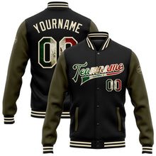 Laden Sie das Bild in den Galerie-Viewer, Uksn Individuelles Bomberjacke in Schwarz-Creme-Oliv mit Vintage-Mexiko-Flagge, Druckknopfleiste, Zweifarben-Design und Varsity-Letterman-Stil