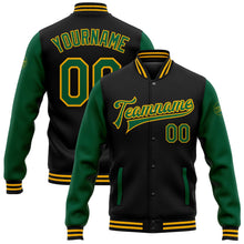Laden Sie das Bild in den Galerie-Viewer, Uksn Individuelles Bomberjacke in Schwarz-Kelly-Grün-Gold mit Druckknopfleiste, Zweifarben-Design und Varsity-Letterman-Stil