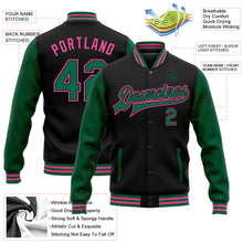 Laden Sie das Bild in den Galerie-Viewer, Uksn Individuelles Bomberjacke in Schwarz-Kelly-Grün-Pink mit Druckknopfleiste, Zweifarben-Design und Varsity-Letterman-Stil