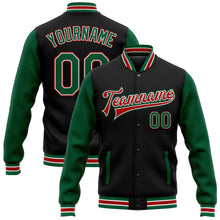 Laden Sie das Bild in den Galerie-Viewer, Uksn Individuelles Bomberjacke in Schwarz-Kelly-Grün-Rot mit Druckknopfleiste, Zweifarben-Design und Varsity-Letterman-Stil