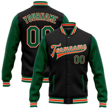 Laden Sie das Bild in den Galerie-Viewer, Uksn Individuelles Bomberjacke in Schwarz-Kelly-Grün-Orange mit Druckknopfleiste, Zweifarben-Design und Varsity-Letterman-Stil
