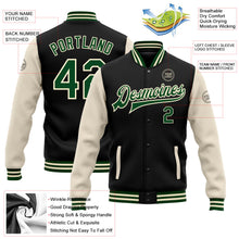 Laden Sie das Bild in den Galerie-Viewer, Uksn Individuelles Bomberjacke in Schwarz-Grün-Creme mit Druckknopfleiste, Zweifarben-Design und Varsity-Letterman-Stil