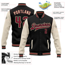 Laden Sie das Bild in den Galerie-Viewer, Uksn Individuelles Bomberjacke in Schwarz-Karmesinrot-City-Creme-Creme mit Druckknopfleiste, Zweifarben-Design und Varsity-Letterman-Stil