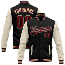 Laden Sie das Bild in den Galerie-Viewer, Uksn Individuelles Bomberjacke in Schwarz-Karmesinrot-City-Creme-Creme mit Druckknopfleiste, Zweifarben-Design und Varsity-Letterman-Stil