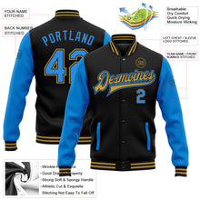 Laden Sie das Bild in den Galerie-Viewer, Uksn Individuelles Bomberjacke in Schwarz-Puderblau-Altgold mit Druckknopfleiste, Zweifarben-Design und Varsity-Letterman-Stil