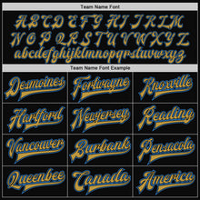 Laden Sie das Bild in den Galerie-Viewer, Uksn Individuelles Bomberjacke in Schwarz-Puderblau-Altgold mit Druckknopfleiste, Zweifarben-Design und Varsity-Letterman-Stil