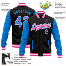 Laden Sie das Bild in den Galerie-Viewer, Uksn Individuelles Bomberjacke in Schwarz-Puderblau-Pink mit Druckknopfleiste, Zweifarben-Design und Varsity-Letterman-Stil