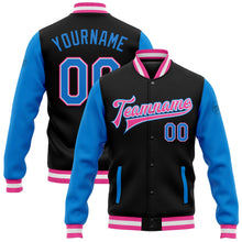 Laden Sie das Bild in den Galerie-Viewer, Uksn Individuelles Bomberjacke in Schwarz-Puderblau-Pink mit Druckknopfleiste, Zweifarben-Design und Varsity-Letterman-Stil