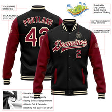 Laden Sie das Bild in den Galerie-Viewer, Uksn Individuelles Bomberjacke in Schwarz-Karmesinrot-Creme mit Druckknopfleiste, Zweifarben-Design und Varsity-Letterman-Stil