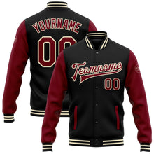 Laden Sie das Bild in den Galerie-Viewer, Uksn Individuelles Bomberjacke in Schwarz-Karmesinrot-Creme mit Druckknopfleiste, Zweifarben-Design und Varsity-Letterman-Stil