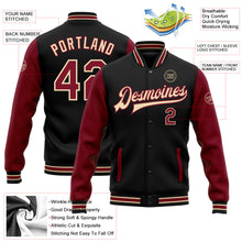 Laden Sie das Bild in den Galerie-Viewer, Uksn Individuelles Bomberjacke in Schwarz-Karmesinrot-City-Creme mit Druckknopfleiste, Zweifarben-Design und Varsity-Letterman-Stil