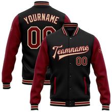 Laden Sie das Bild in den Galerie-Viewer, Uksn Individuelles Bomberjacke in Schwarz-Karmesinrot-City-Creme mit Druckknopfleiste, Zweifarben-Design und Varsity-Letterman-Stil