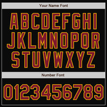 Laden Sie das Bild in den Galerie-Viewer, Uksn Individuelles Bomberjacke in Schwarz-Karmesinrot-Gold mit Druckknopfleiste, Zweifarben-Design und Varsity-Letterman-Stil