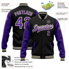 Laden Sie das Bild in den Galerie-Viewer, Uksn Individuelles Bomberjacke in Schwarz-Violett-Creme mit Druckknopfleiste, Zweifarben-Design und Varsity-Letterman-Stil