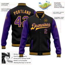 Laden Sie das Bild in den Galerie-Viewer, Uksn Individuelles Bomberjacke in Schwarz-Violett-Gold mit Druckknopfleiste, Zweifarben-Design und Varsity-Letterman-Stil