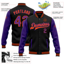 Laden Sie das Bild in den Galerie-Viewer, Uksn Individuelles Bomberjacke in Schwarz-Violett-Orange mit Druckknopfleiste, Zweifarben-Design und Varsity-Letterman-Stil