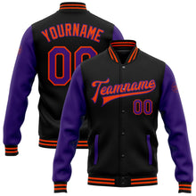 Laden Sie das Bild in den Galerie-Viewer, Uksn Individuelles Bomberjacke in Schwarz-Violett-Orange mit Druckknopfleiste, Zweifarben-Design und Varsity-Letterman-Stil