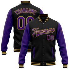 Laden Sie das Bild in den Galerie-Viewer, Uksn Individuelles Bomberjacke in Schwarz-Violett-Altgold mit Druckknopfleiste, Zweifarben-Design und Varsity-Letterman-Stil