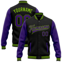 Laden Sie das Bild in den Galerie-Viewer, Uksn Individuelles Bomberjacke in Schwarz-Violett-Neongrün mit Druckknopfleiste, Zweifarben-Design und Varsity-Letterman-Stil