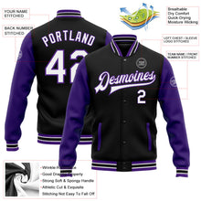 Laden Sie das Bild in den Galerie-Viewer, Uksn Individuelles Bomberjacke in Schwarz-Weiß-Violett mit Druckknopfleiste, Zweifarben-Design und Varsity-Letterman-Stil