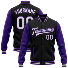 Laden Sie das Bild in den Galerie-Viewer, Uksn Individuelles Bomberjacke in Schwarz-Weiß-Violett mit Druckknopfleiste, Zweifarben-Design und Varsity-Letterman-Stil