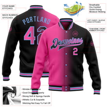 Laden Sie das Bild in den Galerie-Viewer, Uksn Individuelles Bomberjacke in Schwarz-Pink-Hellblau mit Farbverlauf-Design, Druckknopfleiste und Varsity-Letterman-Stil