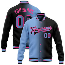 Laden Sie das Bild in den Galerie-Viewer, Uksn Individuelles Bomberjacke in Schwarz-Hellblau-Pink mit Farbverlauf-Design, Druckknopfleiste und Varsity-Letterman-Stil