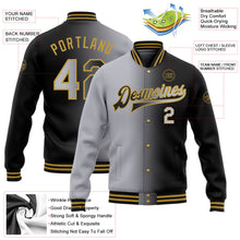 Laden Sie das Bild in den Galerie-Viewer, Uksn Individuelles Bomberjacke in Schwarz-Grau-Altgold mit Farbverlauf-Design, Druckknopfleiste und Varsity-Letterman-Stil