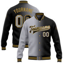 Laden Sie das Bild in den Galerie-Viewer, Uksn Individuelles Bomberjacke in Schwarz-Grau-Altgold mit Farbverlauf-Design, Druckknopfleiste und Varsity-Letterman-Stil