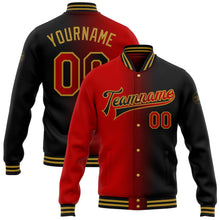 Laden Sie das Bild in den Galerie-Viewer, Uksn Individuelles Bomberjacke in Schwarz-Rot-Altgold mit Farbverlauf-Design, Druckknopfleiste und Varsity-Letterman-Stil