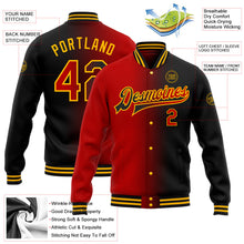 Laden Sie das Bild in den Galerie-Viewer, Uksn Individuelles Bomberjacke in Schwarz-Rot-Gold mit Farbverlauf-Design, Druckknopfleiste und Varsity-Letterman-Stil