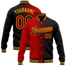 Laden Sie das Bild in den Galerie-Viewer, Uksn Individuelles Bomberjacke in Schwarz-Rot-Gold mit Farbverlauf-Design, Druckknopfleiste und Varsity-Letterman-Stil