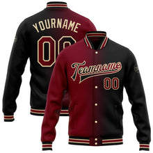 Laden Sie das Bild in den Galerie-Viewer, Uksn Individuelles Bomberjacke in Schwarz-Karmesinrot-City-Creme mit Farbverlauf-Design, Druckknopfleiste und Varsity-Letterman-Stil