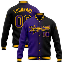 Laden Sie das Bild in den Galerie-Viewer, Uksn Individuelles Bomberjacke in Schwarz-Violett-Gold mit Farbverlauf-Design, Druckknopfleiste und Varsity-Letterman-Stil