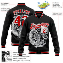 Laden Sie das Bild in den Galerie-Viewer, Uksn Individuelles Bomberjacke in Schwarz-Rot-Weiß mit 3D-Totenkopf-Design, Druckknopfleiste und Varsity-Letterman-Stil