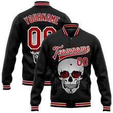 Laden Sie das Bild in den Galerie-Viewer, Uksn Individuelles Bomberjacke in Schwarz-Rot-Weiß mit 3D-Totenkopf mit Rosen, Druckknopfleiste und Varsity-Letterman-Stil