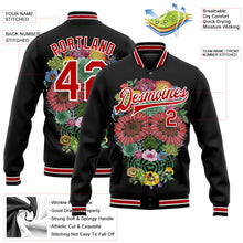 Laden Sie das Bild in den Galerie-Viewer, Uksn Individuelles Bomberjacke in Schwarz-Rot-Weiß mit 3D-Totenkopf mit Blumen, Druckknopfleiste und Varsity-Letterman-Stil
